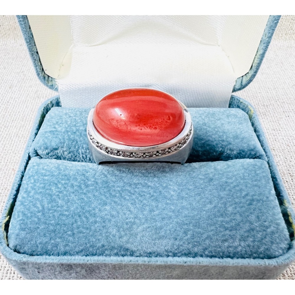 Sterling Silver Coral Colored Cabochon Crystal Halo Statement Ring Size 8